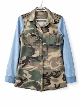 ​ONLY Camo Denim Mixed Media Studded Utility Shirt Jacket Punk Streetwear